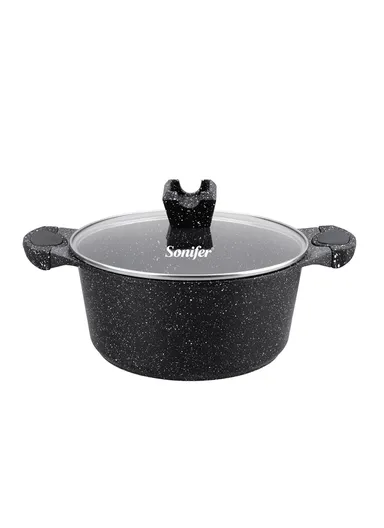 22cm 3.3L Granite &amp; Stainless Steel Casserole Non-Stick, High-Temperature Cooking with Glass Lid SF-1176-22
