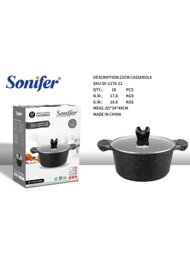 22cm 3.3L Granite &amp; Stainless Steel Casserole Non-Stick, High-Temperature Cooking with Glass Lid SF-1176-22