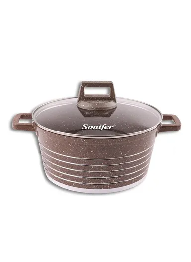 36cm 13L Granite &amp; Stainless Steel Casserole Non-Stick, High-Temperature Cooking with Glass Lid SF-1172-36 - Black &amp; Purple