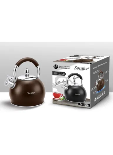 3.0L Stainless Steel Whistling Kettle Elegant, Ergonomic &amp; Compatible with All Stovetops SF-2518 - Brown