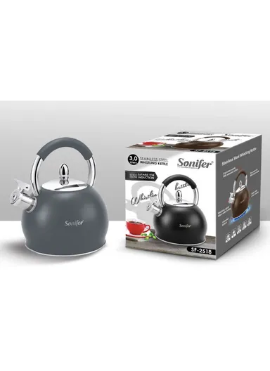 3.0L Stainless Steel Whistling Kettle Elegant, Ergonomic &amp; Compatible with All Stovetops SF-2518 - Grey