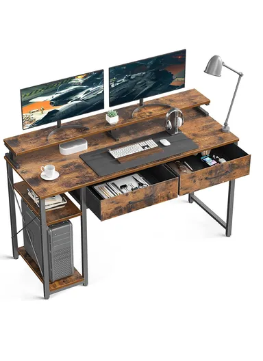 120cm K-Shape Ergonomic MDF Computer Desk With Two Lower Shelf (W120 x D50 x H88)cm - Tiger Grain