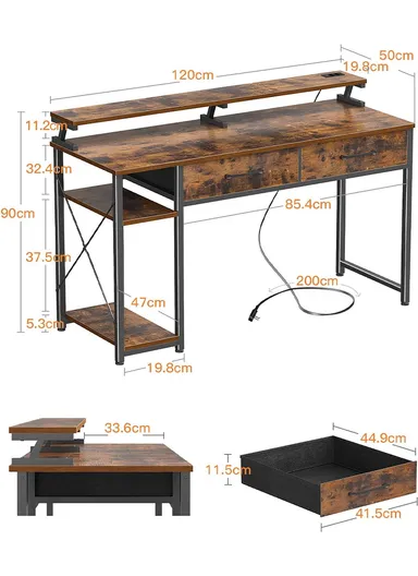 120cm K-Shape Ergonomic MDF Computer Desk With Two Lower Shelf (W120 x D50 x H88)cm - Tiger Grain