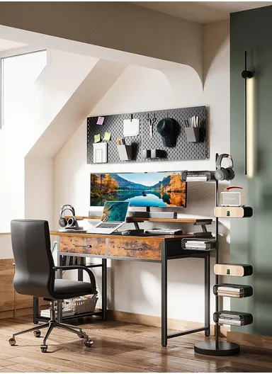 120cm K-Shape Ergonomic MDF Computer Desk With Two Lower Shelf (W120 x D50 x H88)cm - Tiger Grain