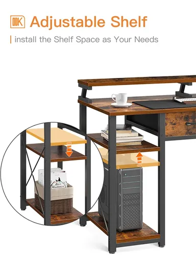 120cm K-Shape Ergonomic MDF Computer Desk With Two Lower Shelf (W120 x D50 x H88)cm - Tiger Grain