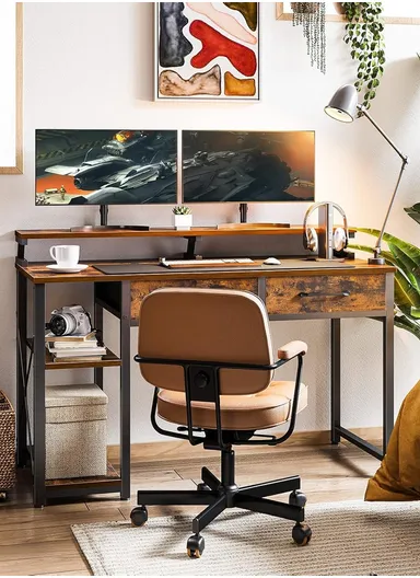 120cm K-Shape Ergonomic MDF Computer Desk With Two Lower Shelf (W120 x D50 x H88)cm - Tiger Grain