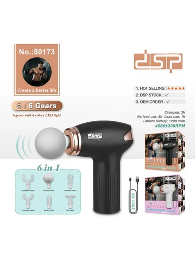 1200mAh 4000RPM Rechargeable Type-C Electric Massager Gun, Deep Tissue With 6-LED Light Gears &amp; 6 Attachment 80173 - White