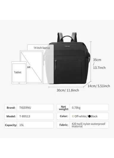14" Laptop 15L Nylon Backpack With Water Bottle Holders &amp; Trolley Sleeve T-B9513 - Off-White