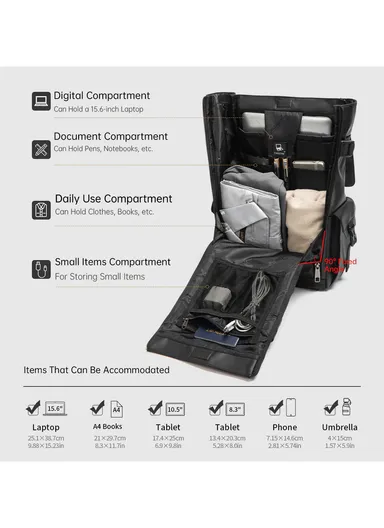 15.6 Inch Laptop Backpack Waterproof with Multiple Compartments Trendy &amp; Cool Travel T-B9812 - Black