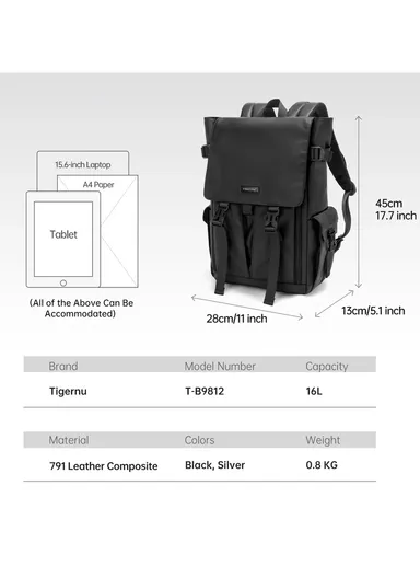 15.6 Inch Laptop Backpack Waterproof with Multiple Compartments Trendy &amp; Cool Travel T-B9812 - Black