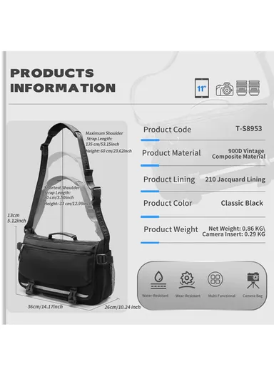 11" Urban Casual Crossbody Bag Outdoor Leisure Shoulder Bag With Camera Compartment T-S8953 - Black