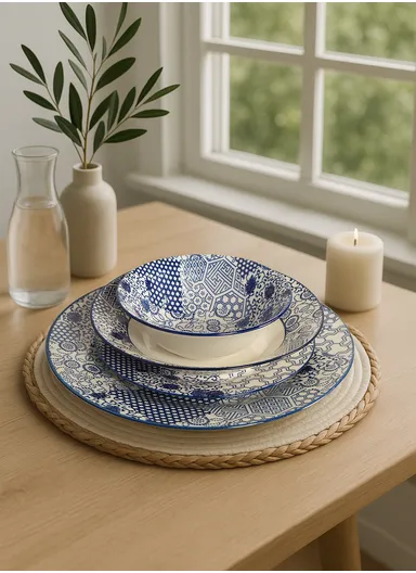 24 Pcs Reactive Glaze Dishes Set Chip Resistant &amp; Scratch Resistant Dinnerware Service for 6 Durable Everyday Dining Set - Blue &amp; White