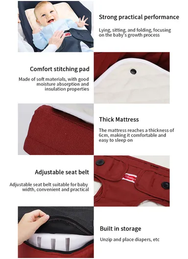 5-in-1 Multifunctional Baby Bed, Foldable Baby Lounger with Safety Harness, Adjustable &amp; Portable Baby Seat &amp; Sleeper with Washable Cover 66507 (L42 x W40 x H35)cm - Red