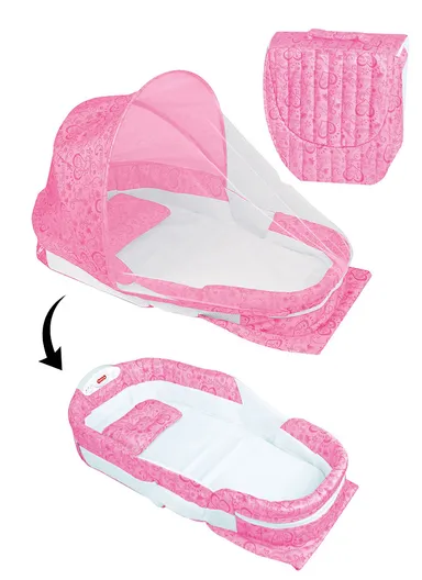 Foldable Baby Safe Separate Bed with Mosquito Net, Portable Music Function, Folding Bed, Swinging Basket, Compact, Easy to Carry, Baby Safe Isolated Bed, Portable Travel Bed 66511 (L73 x W40 x H45)cm - Pink / 0-4 Months