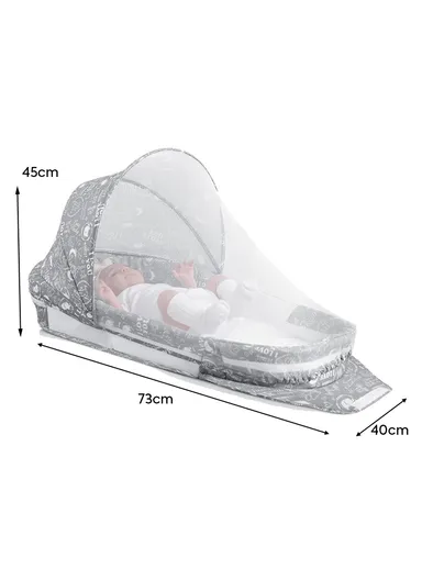 Foldable Baby Safe Separate Bed with Mosquito Net, Portable Music Function, Folding Bed, Swinging Basket, Compact, Easy to Carry, Baby Safe Isolated Bed, Portable Travel Bed 66511 (L73 x W40 x H45)cm - Grey / 0-4 Months