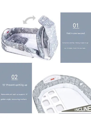 Foldable Baby Safe Separate Bed with Mosquito Net, Portable Music Function, Folding Bed, Swinging Basket, Compact, Easy to Carry, Baby Safe Isolated Bed, Portable Travel Bed 66511 (L73 x W40 x H45)cm - Grey / 0-4 Months