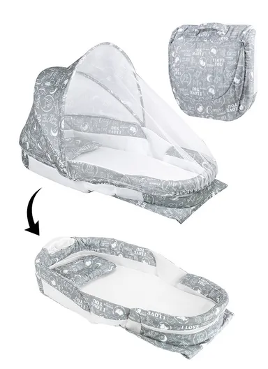 Foldable Baby Safe Separate Bed with Mosquito Net, Portable Music Function, Folding Bed, Swinging Basket, Compact, Easy to Carry, Baby Safe Isolated Bed, Portable Travel Bed 66511 (L73 x W40 x H45)cm - Grey / 0-4 Months