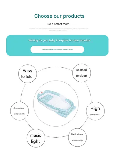 0m+ Foldable Baby Safe Separate Bed, Portable Music Function, Folding Bed, Swinging Basket, Compact, Easy to Carry, Baby Safe Isolated Bed, Portable Travel Bed 66513 (L86 x W48 x H45)cm - Grey