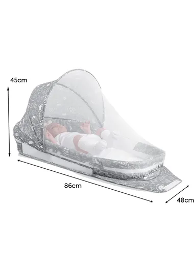 0m+ Foldable Baby Safe Separate Bed with Mosquito Net, Portable Music Function, Folding Bed, Swinging Basket, Compact, Easy to Carry, Baby Safe Isolated Bed, Portable Travel Bed 66513 (L86 x W48 x H45)cm - Grey