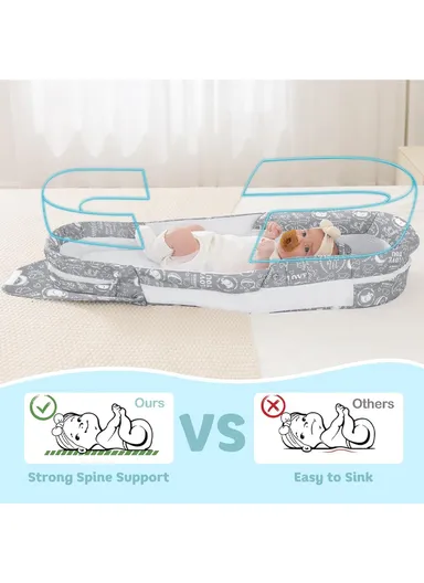 0m+ Foldable Baby Safe Separate Bed with Mosquito Net, Portable Music Function, Folding Bed, Swinging Basket, Compact, Easy to Carry, Baby Safe Isolated Bed, Portable Travel Bed 66513 (L86 x W48 x H45)cm - Grey