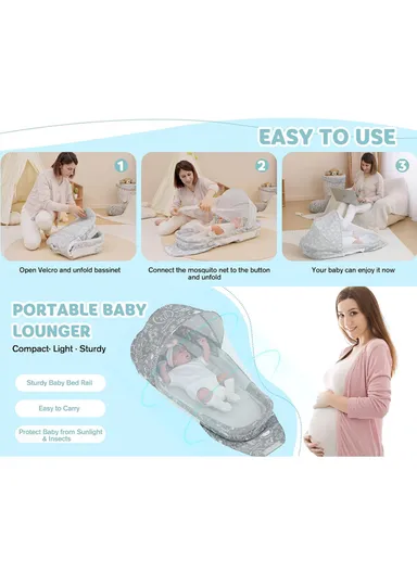 0m+ Foldable Baby Safe Separate Bed with Mosquito Net, Portable Music Function, Folding Bed, Swinging Basket, Compact, Easy to Carry, Baby Safe Isolated Bed, Portable Travel Bed 66513 (L86 x W48 x H45)cm - Grey