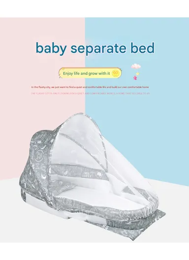 0m+ Foldable Baby Safe Separate Bed with Mosquito Net, Portable Music Function, Folding Bed, Swinging Basket, Compact, Easy to Carry, Baby Safe Isolated Bed, Portable Travel Bed 66513 (L86 x W48 x H45)cm - Grey