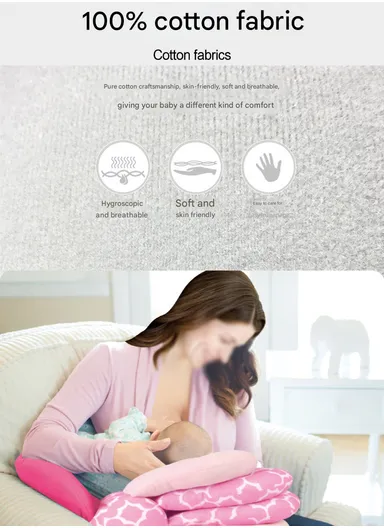 3-Position Adjustable Baby Nursing Feeding Pillow, Portable &amp; Comfortable Soft Cotton Nursing Pillow 66518 (L62 x W26)cm - Pink / 0m+