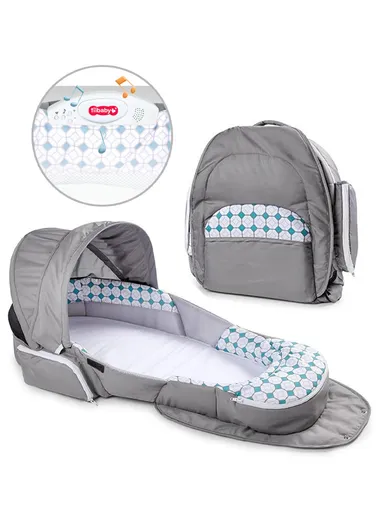 Portable Baby Bassinet with Canopy &amp; Bug Net Shield, Foldable Lightweight Travel Bassinet with Light &amp; Music, Multi-Easy Access Storage Baby Bed 66520 (L90 x W42 x H48)cm - 0-6 months