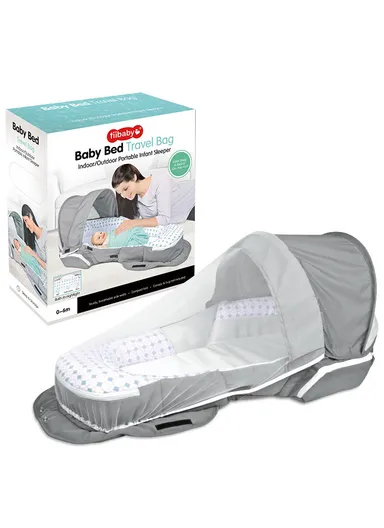 Portable Baby Bassinet with Canopy &amp; Bug Net Shield, Foldable Lightweight Travel Bassinet with Light &amp; Music, Multi-Easy Access Storage Baby Bed 66520 (L90 x W42 x H48)cm - 0-6 months