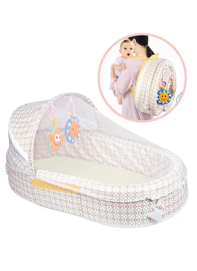 3-in-1 Portable Baby Travel Bassinet, Foldable Baby Bassinet with Bug Net &amp; Music Cartoon Toys, Multi-Purpose Baby Travel Nest with Waterproof Base 66521 (L79 x W46 x H38)cm - Off-White / 0m+