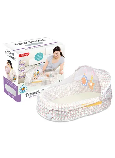 3-in-1 Portable Baby Travel Bassinet, Foldable Baby Bassinet with Bug Net &amp; Music Cartoon Toys, Multi-Purpose Baby Travel Nest with Waterproof Base 66521 (L79 x W46 x H38)cm - Off-White / 0m+