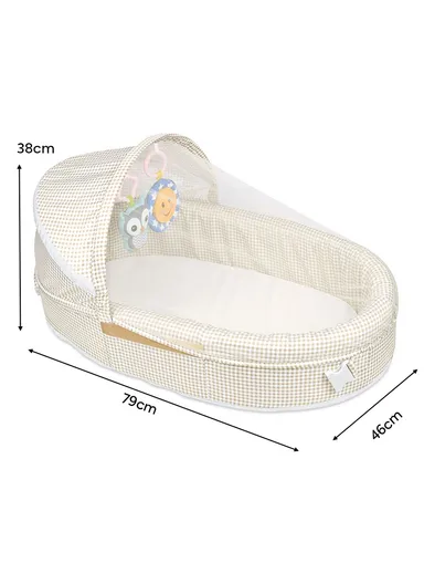 3-in-1 Portable Baby Travel Bassinet, Foldable Baby Bassinet with Bug Net &amp; Music Cartoon Toys, Multi-Purpose Baby Travel Nest with Waterproof Base 66522 (L79 x W46 x H38)cm - Beige / 0m+