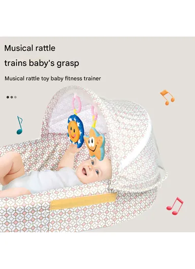3-in-1 Portable Baby Travel Bassinet, Foldable Baby Bassinet with Bug Net &amp; Music Cartoon Toys, Multi-Purpose Baby Travel Nest with Waterproof Base 66522 (L79 x W46 x H38)cm - Beige / 0m+