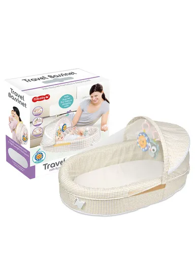 3-in-1 Portable Baby Travel Bassinet, Foldable Baby Bassinet with Bug Net &amp; Music Cartoon Toys, Multi-Purpose Baby Travel Nest with Waterproof Base 66522 (L79 x W46 x H38)cm - Beige / 0m+