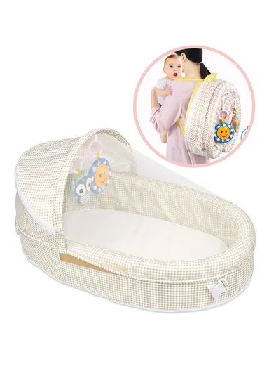 3-in-1 Portable Baby Travel Bassinet, Foldable Baby Bassinet with Bug Net &amp; Music Cartoon Toys, Multi-Purpose Baby Travel Nest with Waterproof Base 66522 (L79 x W46 x H38)cm - Beige / 0m+