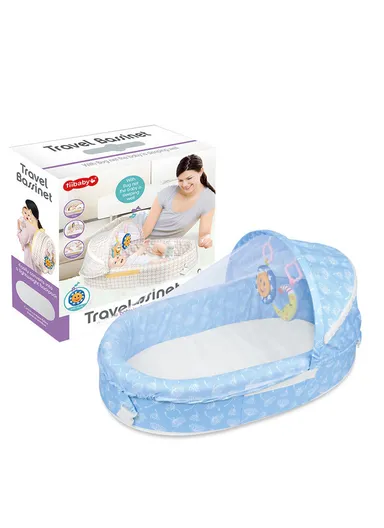 3-in-1 Portable Baby Travel Bassinet, Foldable Baby Bassinet with Bug Net &amp; Music Cartoon Toys, Multi-Purpose Baby Travel Nest with Waterproof Base 66523 (L79 x W46 x H38)cm - Blue / 0m+