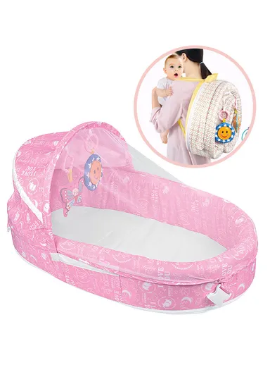 3-in-1 Portable Baby Travel Bassinet, Foldable Baby Bassinet with Bug Net &amp; Music Cartoon Toys, Multi-Purpose Baby Travel Nest with Waterproof Base 66523A (L79 x W46 x H38)cm - Pink / 0m+