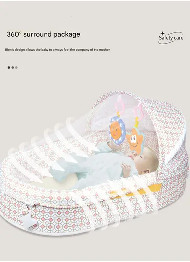 3-in-1 Portable Baby Travel Bassinet, Foldable Baby Bassinet with Bug Net &amp; Music Cartoon Toys, Multi-Purpose Baby Travel Nest with Waterproof Base 66523A (L79 x W46 x H38)cm - Pink / 0m+