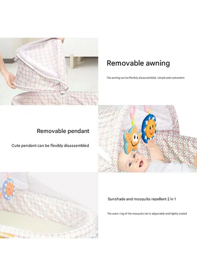 3-in-1 Portable Baby Travel Bassinet, Foldable Baby Bassinet with Bug Net &amp; Music Cartoon Toys, Multi-Purpose Baby Travel Nest with Waterproof Base 66523A (L79 x W46 x H38)cm - Pink / 0m+
