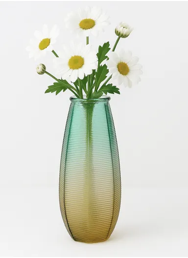 Horizontal Stripes Design Multi-Color Elegant Simple Flower Desk Decorative Glass Vase (D13 x H27) cm - Green &amp; Yellow