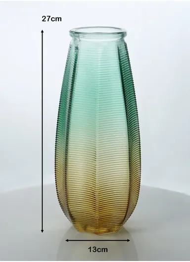 Horizontal Stripes Design Multi-Color Elegant Simple Flower Desk Decorative Glass Vase (D13 x H27) cm - Green &amp; Yellow