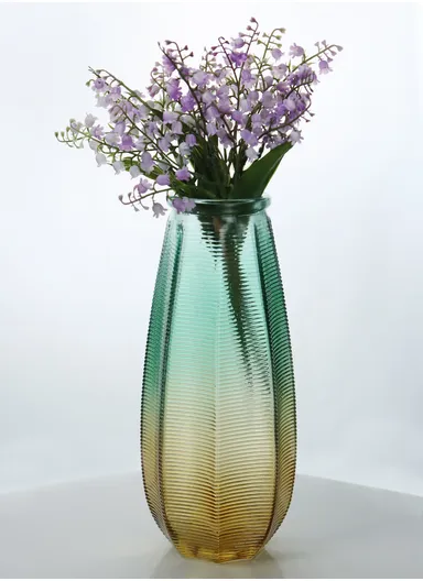 Horizontal Stripes Design Multi-Color Elegant Simple Flower Desk Decorative Glass Vase (D13 x H27) cm - Green &amp; Yellow