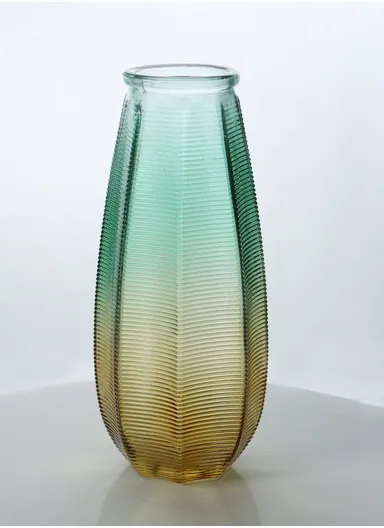 Horizontal Stripes Design Multi-Color Elegant Simple Flower Desk Decorative Glass Vase (D13 x H27) cm - Green &amp; Yellow