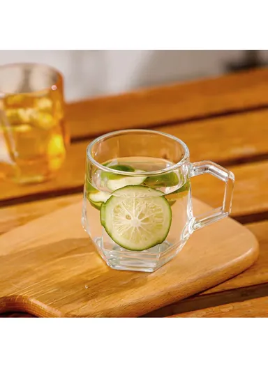 320ml 6Pcs  Home Office Glass Mug Set with Hexagonal Handle &amp; Base BMZB8050 - Amber