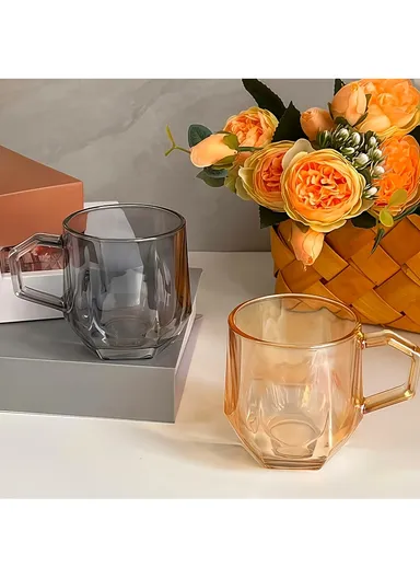 320ml 6Pcs  Home Office Glass Mug Set with Hexagonal Handle &amp; Base BMZB8050 - Amber