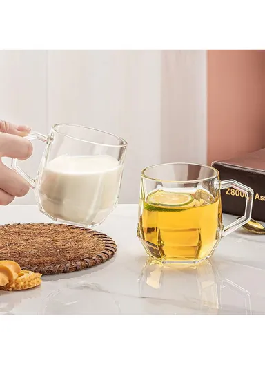 320ml 6Pcs  Home Office Glass Mug Set with Hexagonal Handle &amp; Base BMZB8050 - Amber