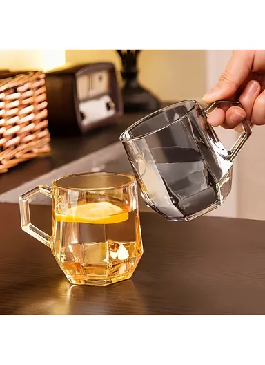 320ml 6Pcs  Home Office Glass Mug Set with Hexagonal Handle &amp; Base BMZB8050 - Amber