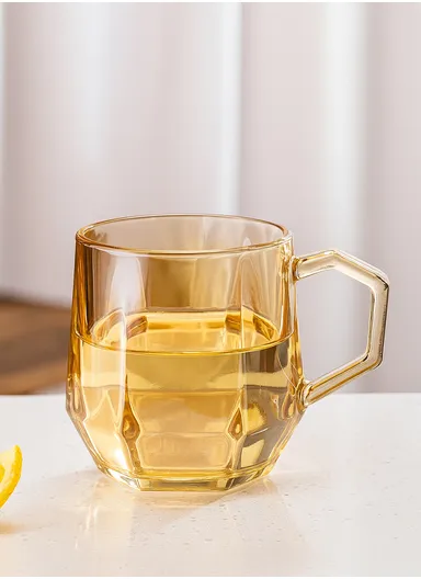 320ml 6Pcs  Home Office Glass Mug Set with Hexagonal Handle &amp; Base BMZB8050 - Amber