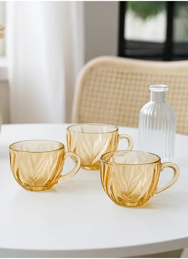 3Pcs 160ml Stylish Glass Cups Set With Comfortable Grip ZB44A-HP (D7.5 x H7)cm