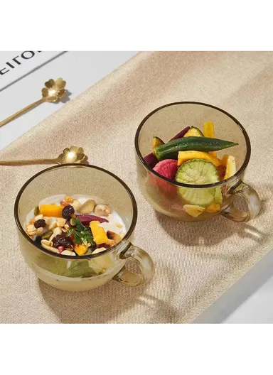 2-Pcs 385ml Glass Round Rim Milk, Tea Mug Set (D10.5 x W8.5)cm - Yellow